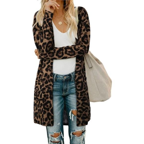 Leopard Print Pocket Cardigan – Open Front Long Sleeve Cover-Up - Picture 1 of 5